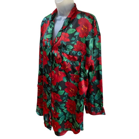Vintage Victorias Secret Floral Satin Button-Down Nightshirt M Red & Green Hibis - Picture 7 of 9